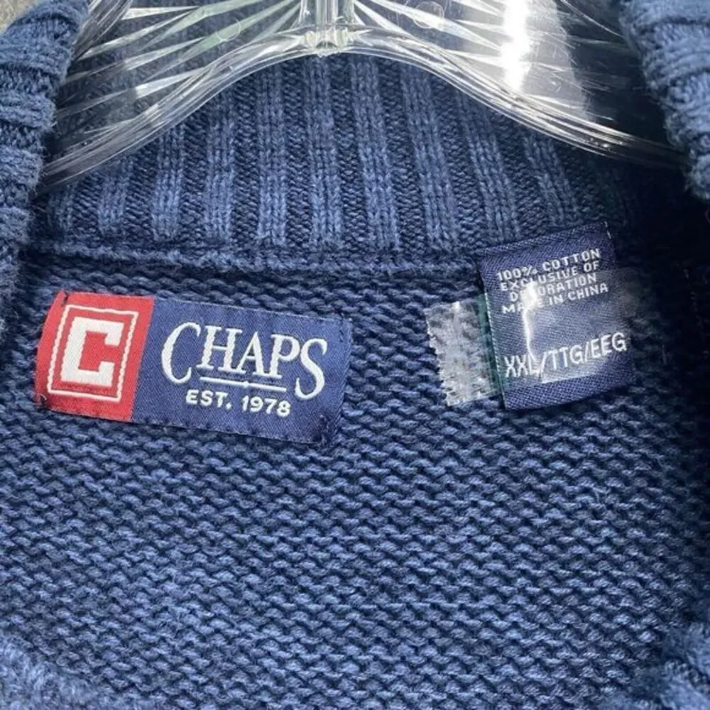 Chaps Men's 2XL Navy‎ Blue Leather Elbow Patches 1/4 Mock Neck Button Grandpa
